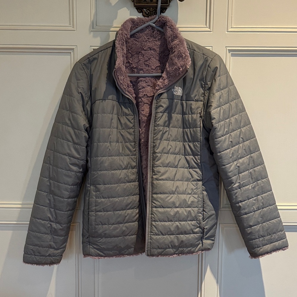 North Face Gray Quilted Jacket with light purple Fleece Lining. Reversible!